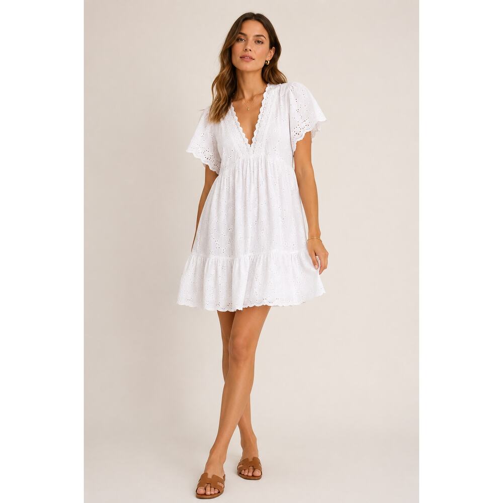 Bell White Eyelet Mini Dress Flutter Sleeve Small Resort Monaco